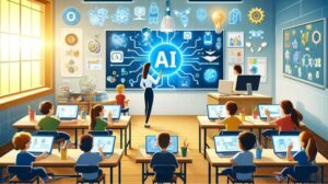 Students using AI-powered devices in a classroom, illustrating the impact of artificial intelligence on modern education.